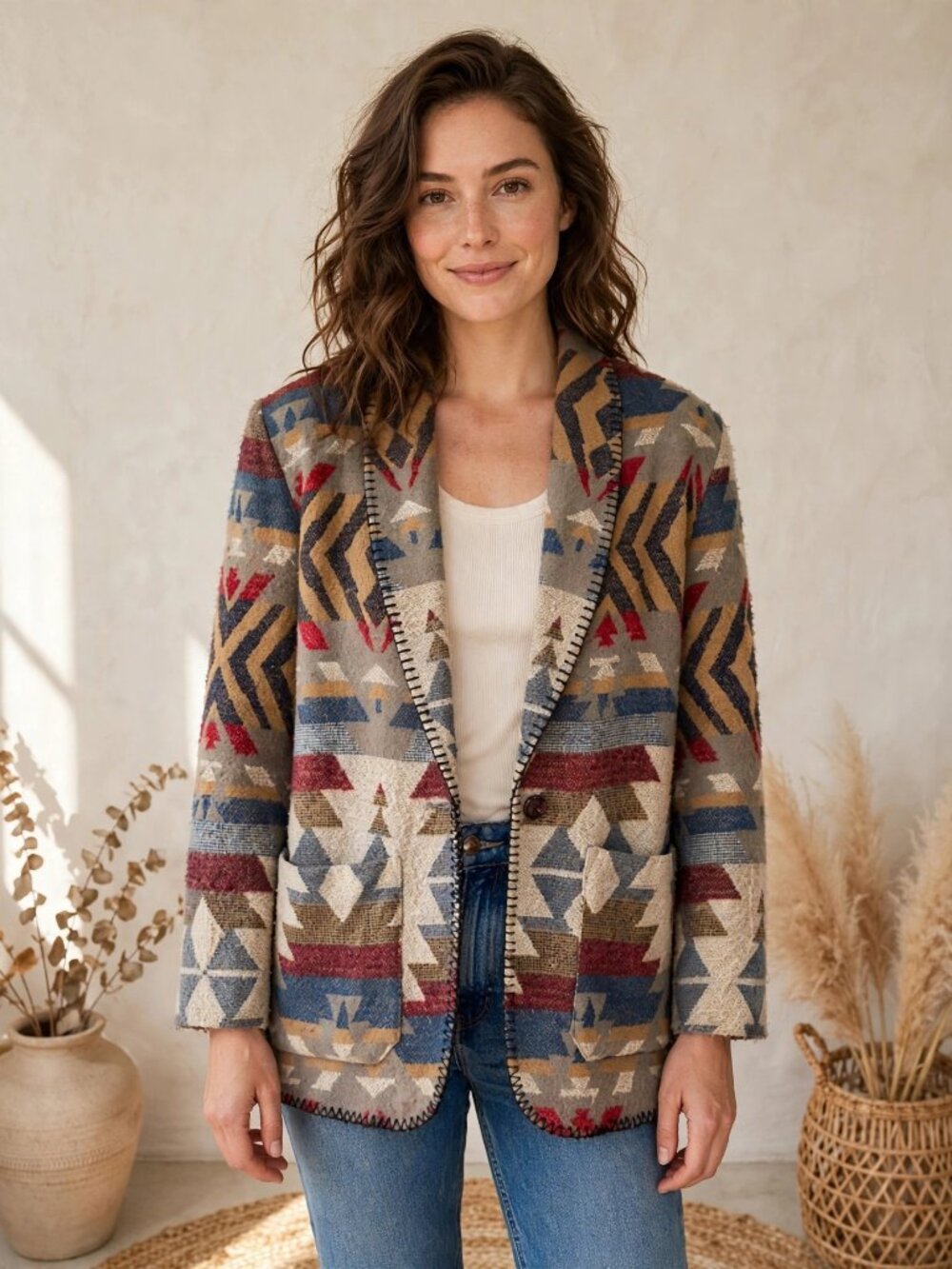 Vintage Paris Sport Club L Southwestern Aztec Blazer Tribal Shawl Collar